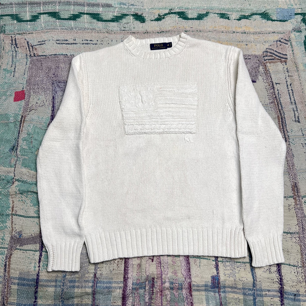 Polo Ralph Lauren Tonal American Flag 3D Knit Sweater White Crewneck Cotton Sz M
